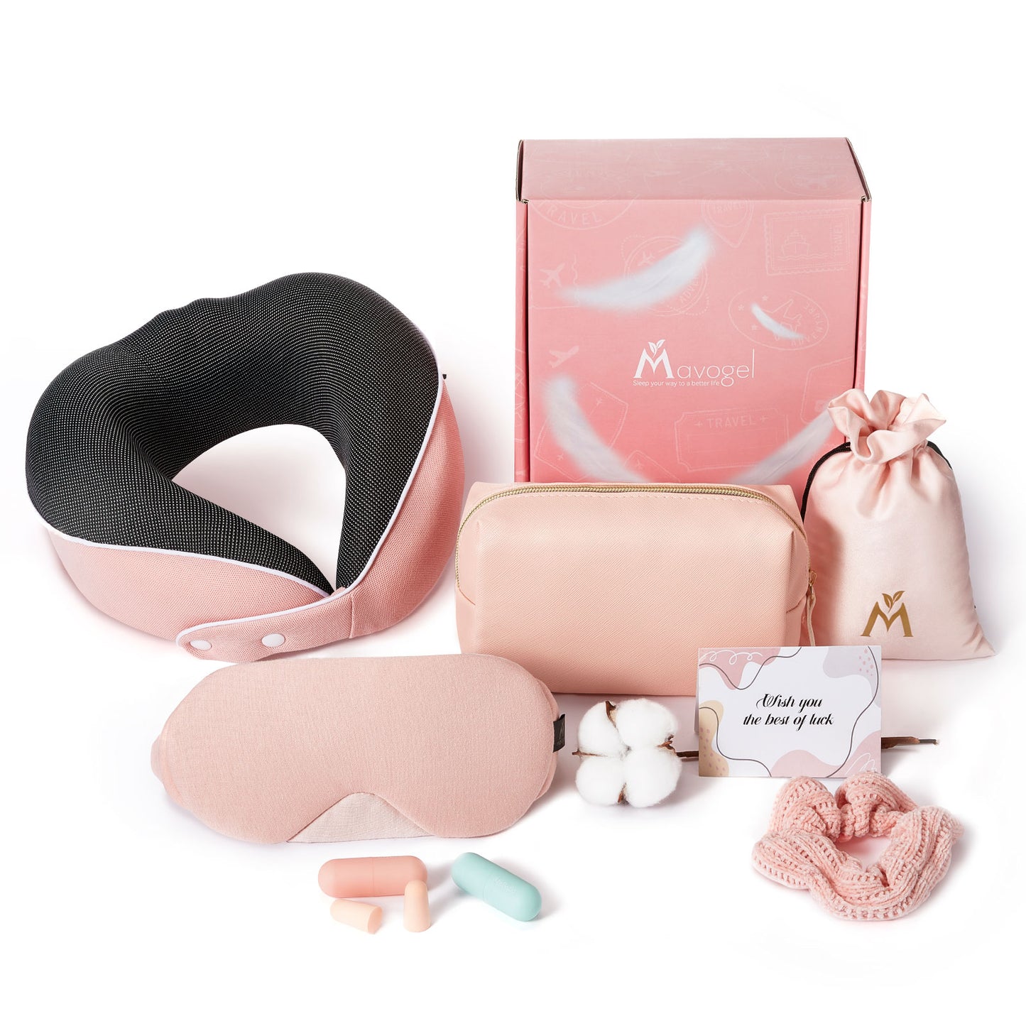 Mavoegl Neck Pillow for Traveling - 100% Pure Memory Foam Travel Neck Pillow with Sleep Mask, Makeup Bag, Earplugs and Carry Pouch