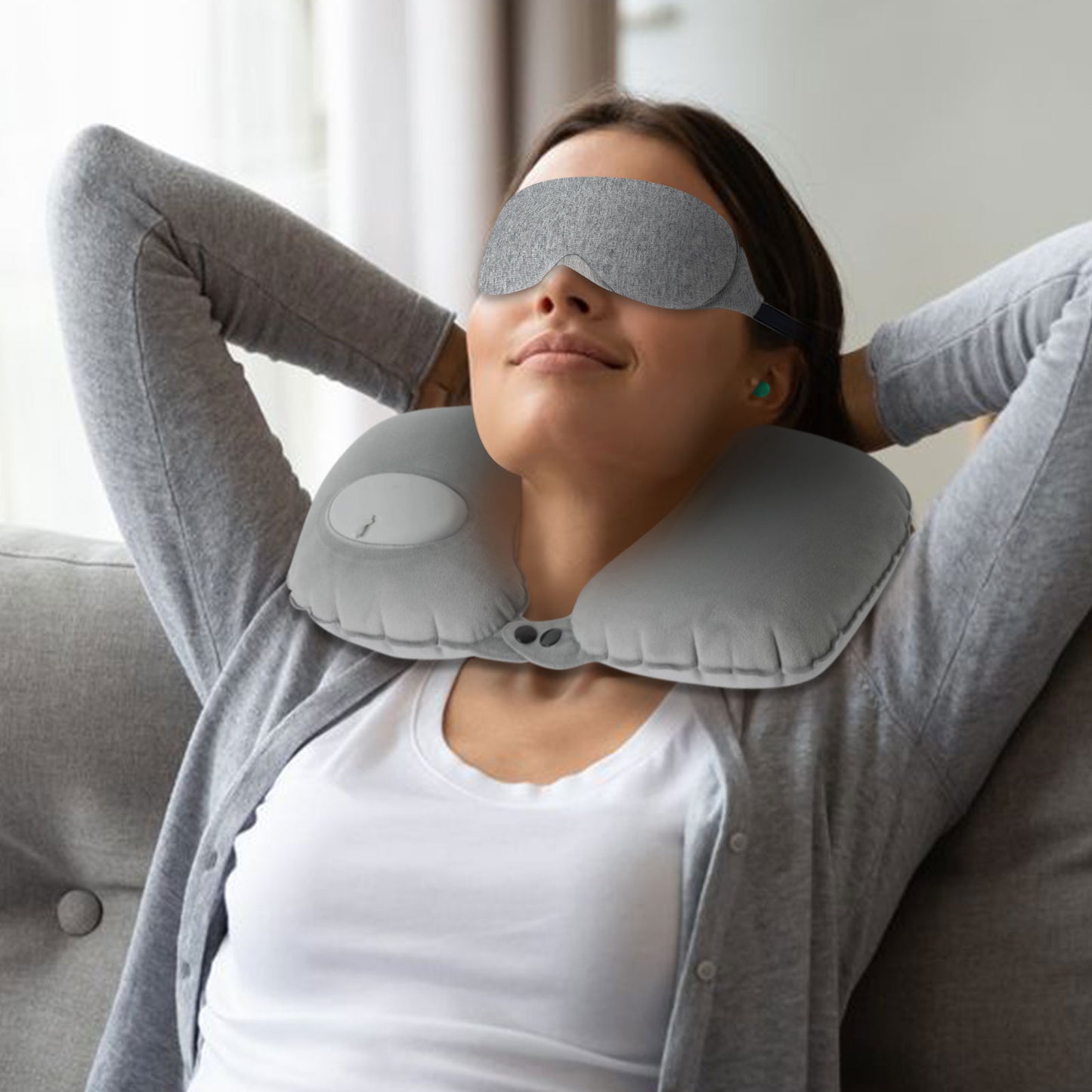 Mavogel Sleep Mask Gift Set - Cotton Sleep Eye Mask with Inflatable Neck Pillow, Travel Toiletry Bag, Carry Pouch and Earplugs