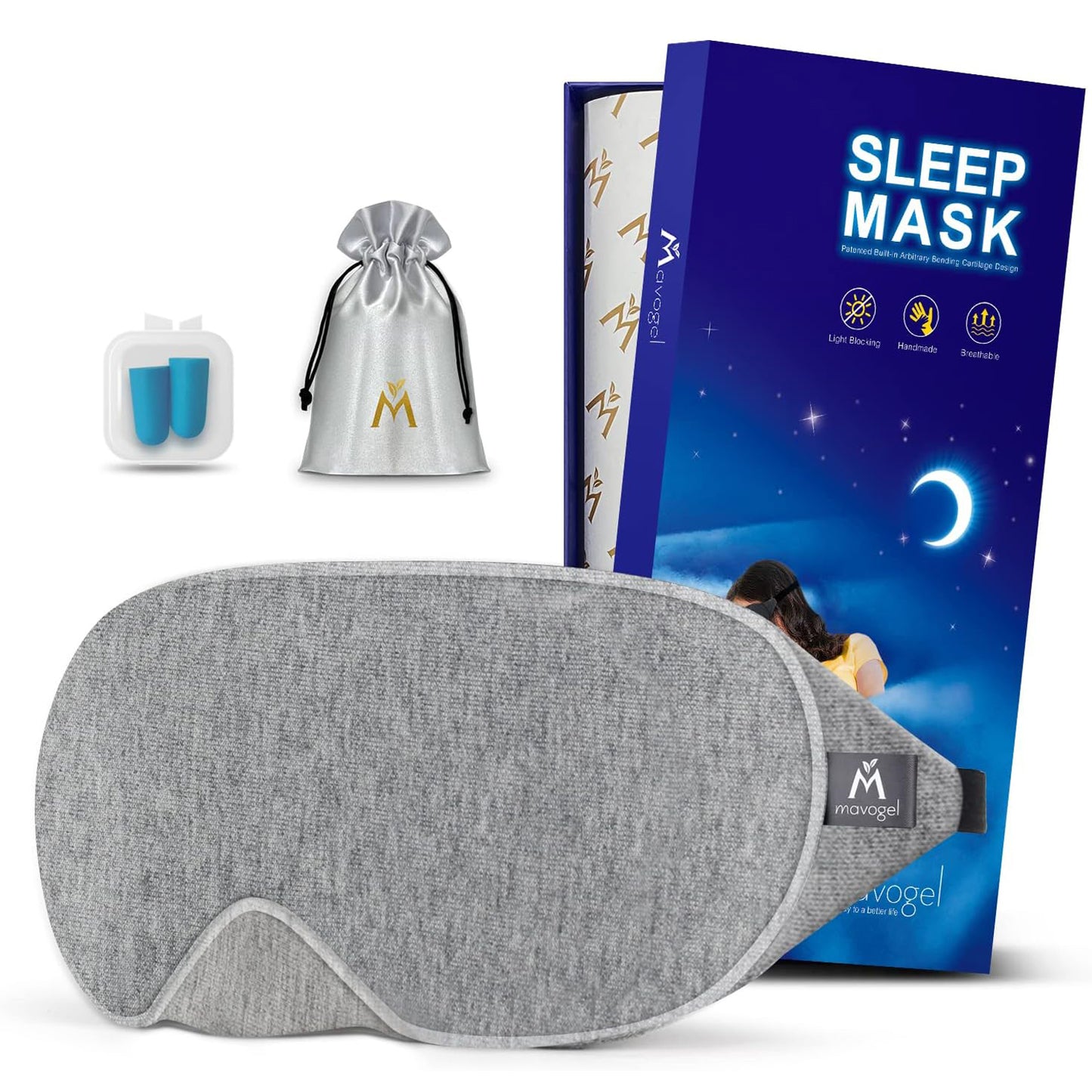 Mavogel Upgraded Sleep Mask - Luxury Cotton Sleep Eye Mask with Adjustable Strap, Light Blocking Soft and Comfortable Night Sleeping Mask (Grey)