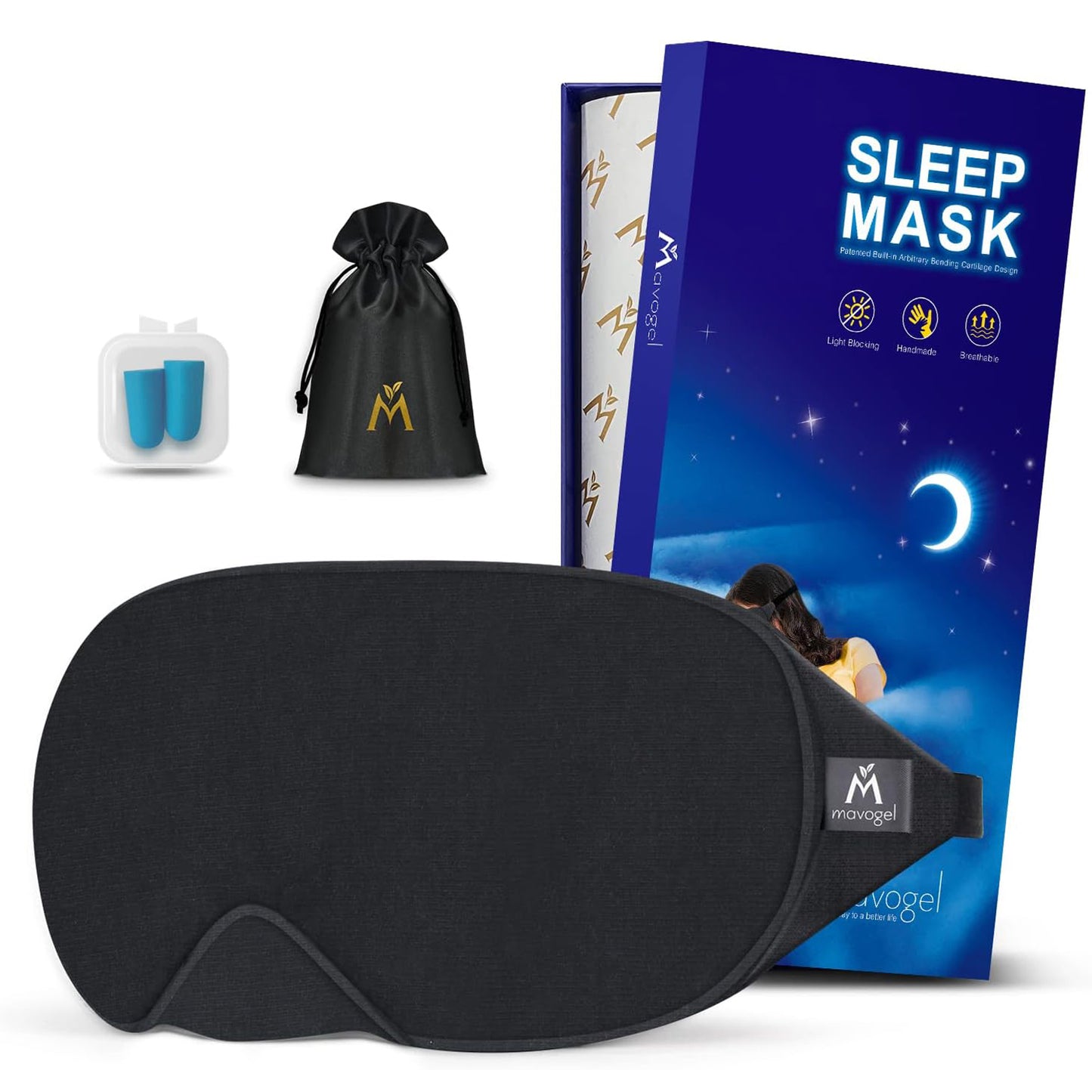 Mavogel Upgraded Sleep Mask - Luxury Cotton Sleep Eye Mask with Adjustable Strap, Light Blocking Soft and Comfortable Sleeping Mask (Black)