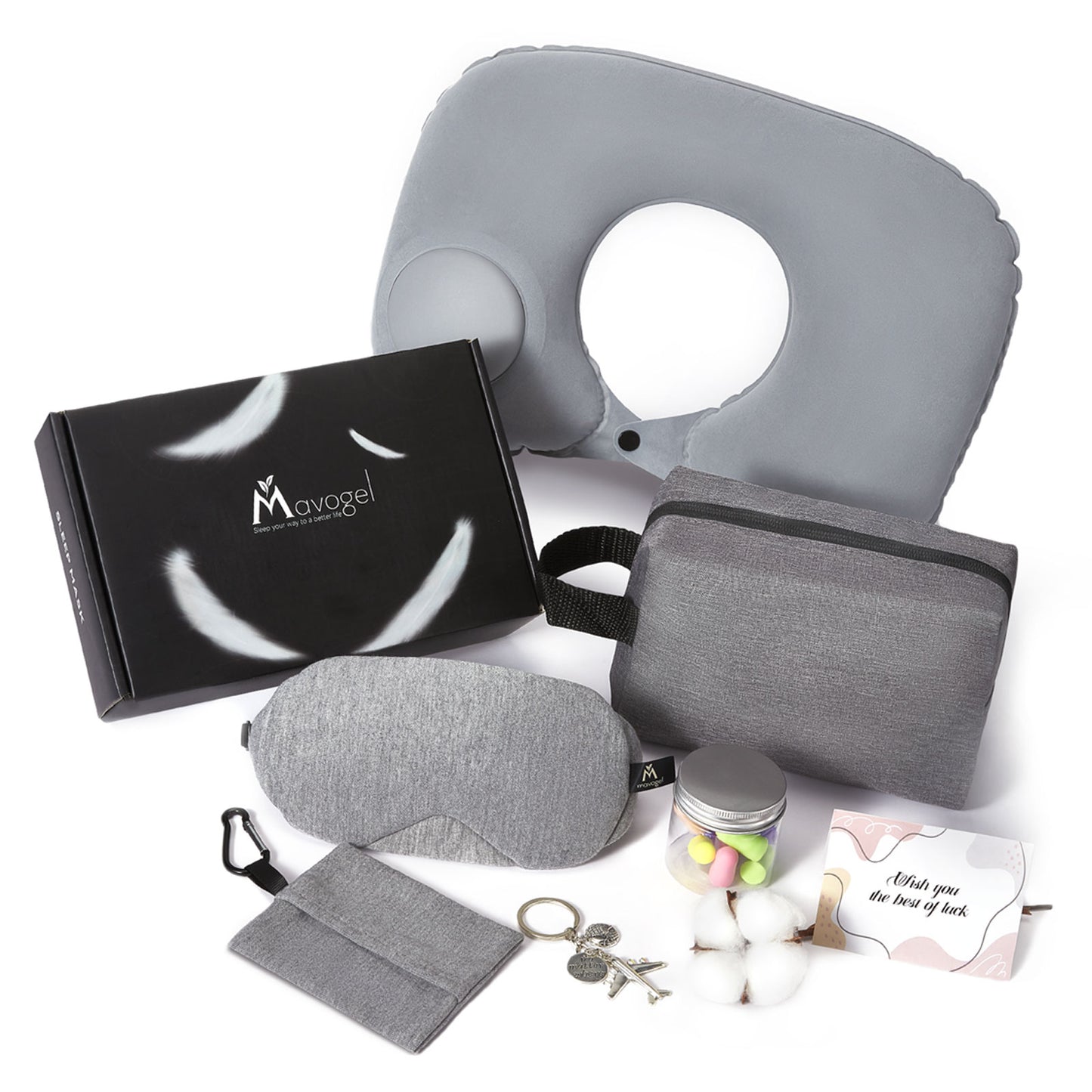 Mavogel Sleep Mask Gift Set - Cotton Sleep Eye Mask with Inflatable Neck Pillow, Travel Toiletry Bag, Carry Pouch and Earplugs