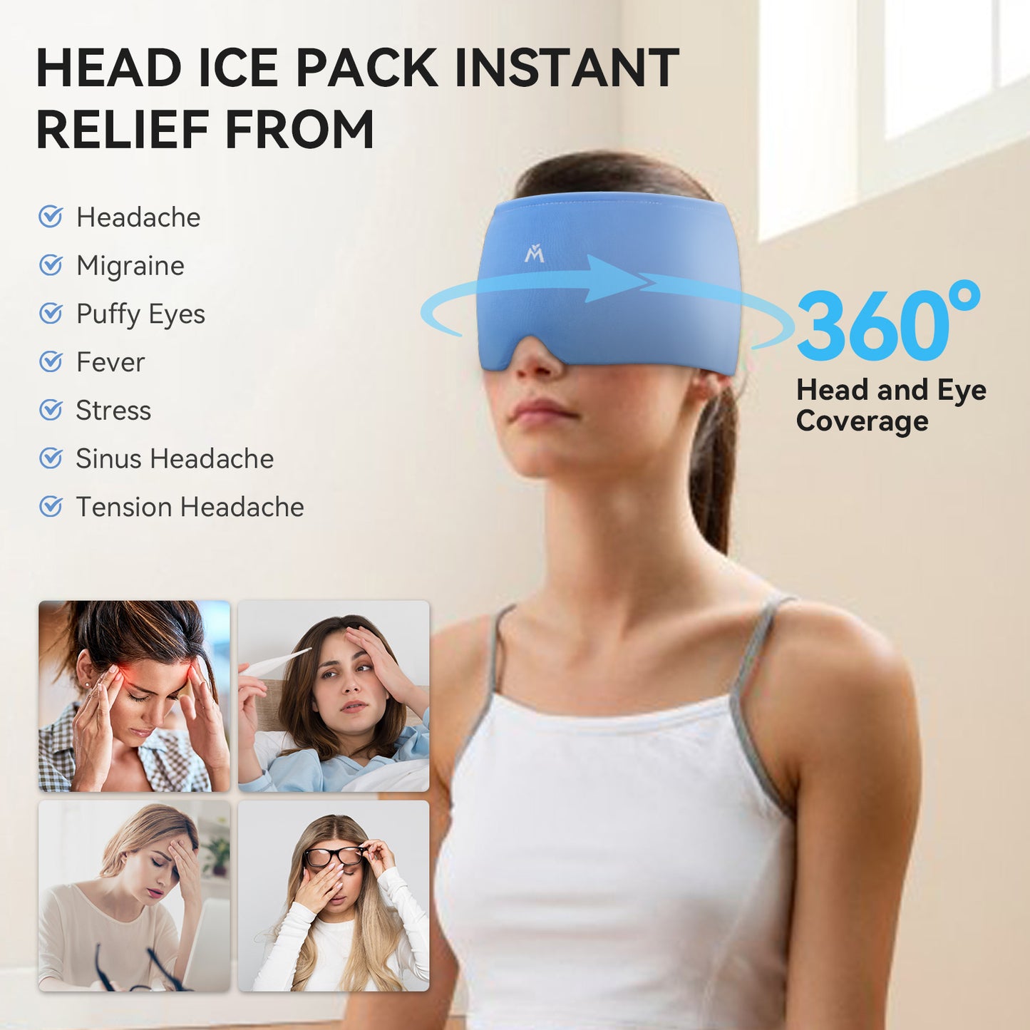 avogel Migraine Headache Relief Cap - Upgraded Migraine Relief Cold Compress Cap, Cool Gel Head Wrap | Migraine Hangover Hat with Reusable Ice Gel Pack for Puffy Eyes